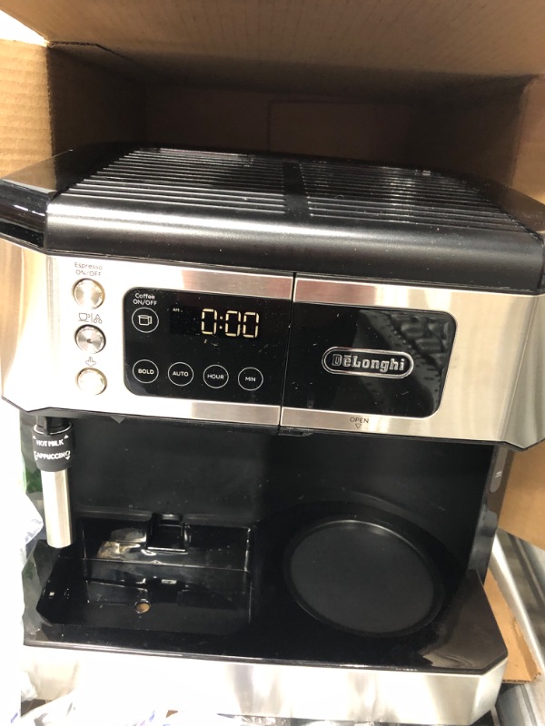 Photo 3 of **Missing coffee pot and hardware** De'Longhi All-in-One Combination Coffee Maker & Espresso Machine + Advanced Adjustable Milk Frother for Cappuccino & Latte + Glass Coffee Pot 10-Cup, COM532M
