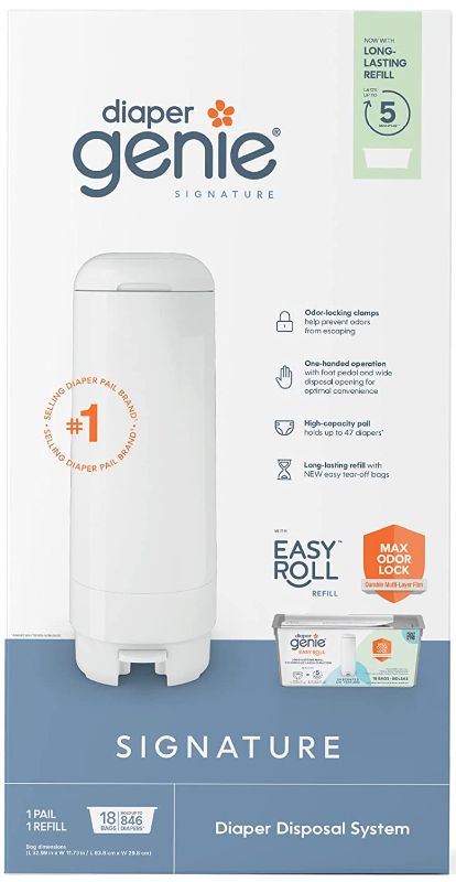 Photo 1 of Diaper Genie Signature Pail Includes 1 Easy Roll Refill with 18 Bags | Holds Up to 846 Newborn-Sized Diapers Per Refill
