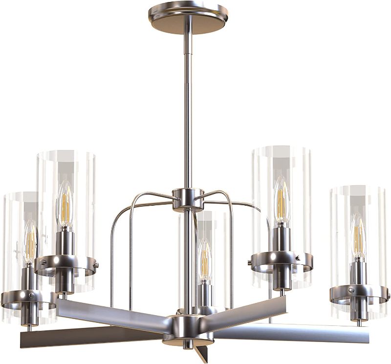 Photo 1 of  5-Light Chandelier Fixture, Satin Nickel Finish, Glass Shades, Adjustable Height, Five Candelabra Base Sockets (E12), Dimmable, for Dining Areas, Kitchen Islands, Entryways, ETL Listed
