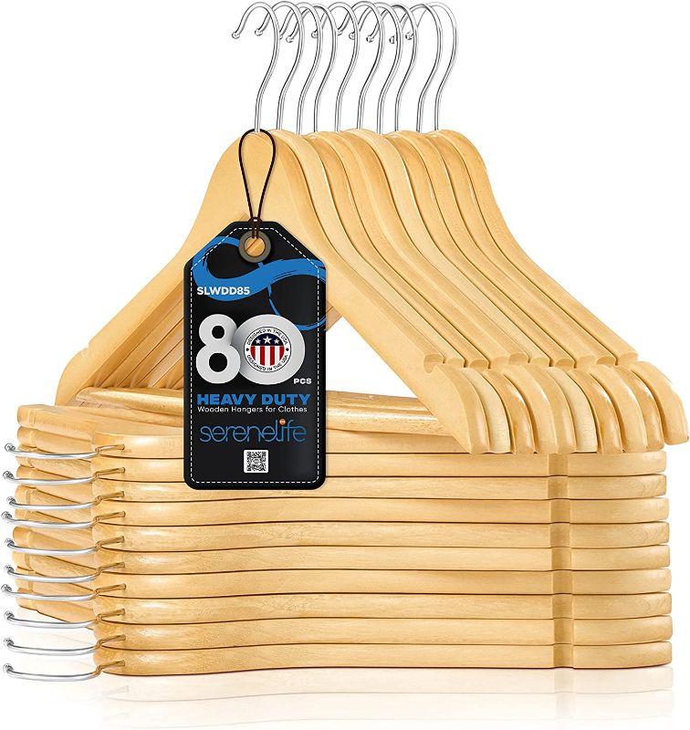 Photo 1 of 1581FP6MSolid Wooden Hangers, Mega Pack, 80 Pieces Hangers for Clothes, Heavy Duty Suit Hanger Set with Chrome 360 Degree Swivel Hook, Notched Design, Natural Wood Color

