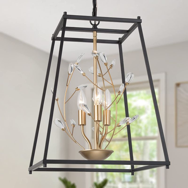 Photo 1 of ***PARTS ONLY*** Durent Lighting Black and Gold Crystal Chandelier, Modern Farmhouse Lantern Pendant with Adjustable Chain for Bedroom, Dining Room, Foyer, Entryway, Kitchen Island, 15 Dia’’
