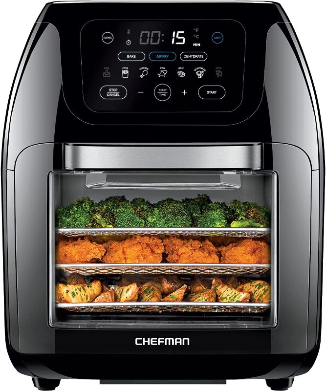 Photo 3 of CHEFMAN Multifunctional Digital Air Fryer+ Rotisserie, Dehydrator, Convection Oven, 17 Touch Screen Presets Fry, Roast, Dehydrate, Bake, XL 10L Family Size, Auto Shutoff, Large Easy-View Window, Black
