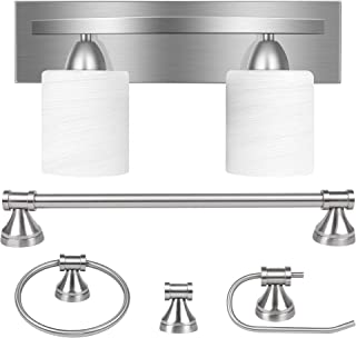 Photo 1 of 2-Light Bathroom Vanity Light Fixture, 5 Piece All-in-One Bath Sets, Bar, Towel Ring, Robe Hook, Toilet Paper Holder, Brushed Nickel with White Frosted Glass Vanity Light by PARTPHONER Brushed Nickel- 2-light