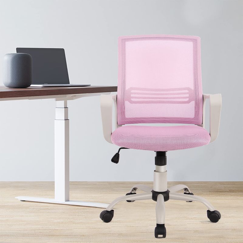 Photo 1 of Office Chair, Ergonomic Office Chair Lumbar Support Home Office Desk Chair Computer Chair Mesh Swivel Chair Task Chair Study Chair Mid Back Office Chair with Wheels and arms, Deep Pink
