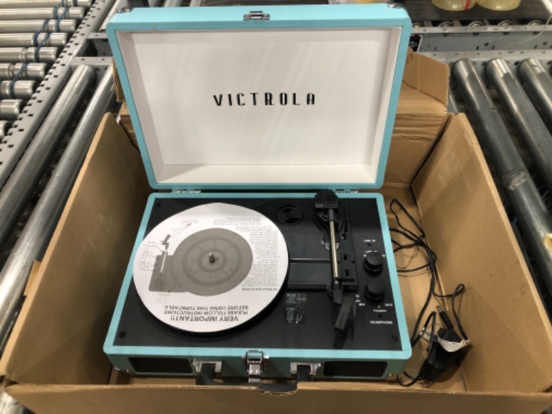 Photo 2 of Victrola Vintage 3-Speed Bluetooth Portable Suitcase Record Player with Built-in Speakers | Upgraded Turntable Audio Sound| Includes Extra Stylus | Turquoise, Model Number: VSC-550BT
