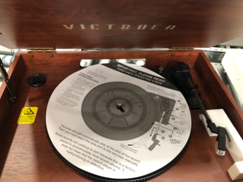 Photo 4 of Victrola Nostalgic 7-in-1 Bluetooth Record Player & Multimedia Center with Built-in Speakers - 3-Speed Turntable, CD & Cassette Player, AM/FM Radio, USB | Wireless Music Streaming | Mahogany
