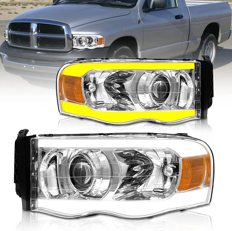 Photo 1 of 2002-2005 Dodge Ram 1500 / 2003-2005 Ram 2500 3500 LED Tube Projector Sequential Turn Signal Headlight Assembly w/ LED Strips Chrome Housing Clear Lens H7 Projector Amber Reflector - Bulbs Included
