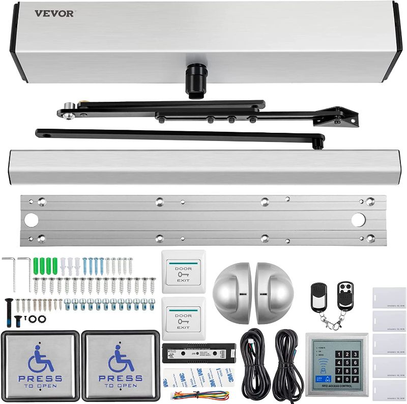 Photo 1 of VEVOR Automatic Door Opener, 100-240V for Max.220lbs Doors, Swing Door Operator for Disabilities w/ 2 Wireless Remotes, 2 Exit Buttons, Keypad, 5 ID Cards, 2 Stainless Steel Push Buttons, CE Listed