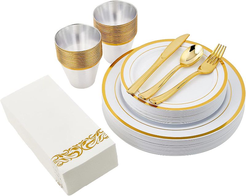 Photo 1 of 175PCS White and Gold Rim Disposable Dinnerware Sets for Wedding Party 25 Guests 25 Dinner Gold Plastic Plates 25 Dessert Plates & 25 Linen Like Gold Paper Napkins & 25 Gold Plastic Silverware Set
