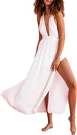 Photo 1 of CUPSHE Women's Dress Flowy Halter Neck Tie Plunge Backless Elastic Waist Medium