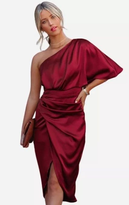Photo 1 of Cupshe Women's One Shoulder Flared Sleeve Irregular Hem Dress Medium