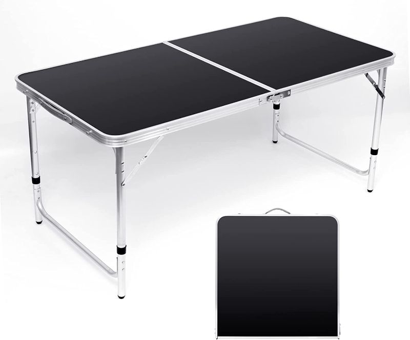 Photo 1 of  Folding Camping Table, 4 Ft Aluminum Folding Table, Picnic tablee with Handle, Adjustable Portable Camp Table for Picnic, BBQ, Party, Beach/Black