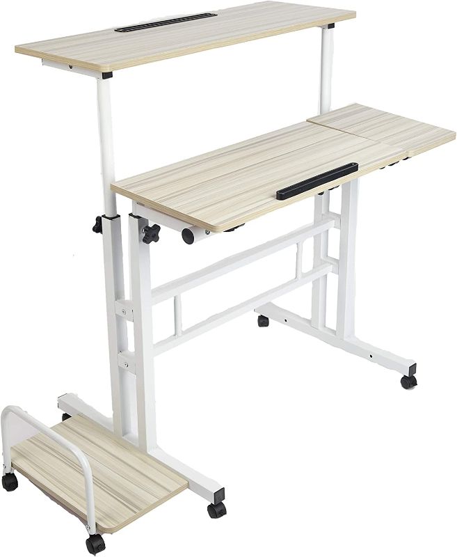 Photo 1 of Mind Reader SDROLLXL-WHT Mobile Sitting, Standing Desk Rolling Reversible Home Office Laptop Workstation with Side Storage, Locking Wheels, X-Large, White