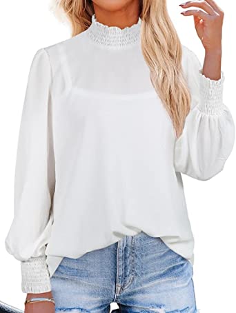 Photo 1 of Women's Puff Sleeve Ruffle Mock Neck Casual Loose Back Zip Up Chiffon Blouse Work Shirts Tops
large