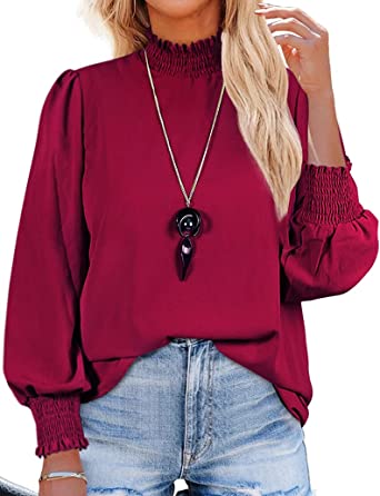 Photo 1 of Women's Puff Sleeve Ruffle Mock Neck Casual Loose Back Zip Up Chiffon Blouse Work Shirts Tops
L