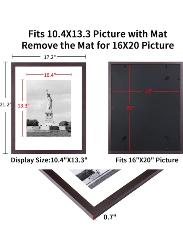 Photo 1 of 16x20 Picture Frame Rustic Brown Wood Poster Frame with Polished Plexiglass, Display Pictures 11x14 with Mat or 16x20 without Mat, Horizontal and Vertical Formats for Wall and Tabletop, 1 Pack