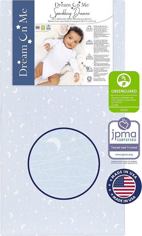 Photo 1 of Dream On Me Sparkling Dreams 2 in 1 Crib and Toddler Mattress, Blue Waterproof Vinyl Cover, Greenguard Gold and JPMA Certified, Copper-Infused Toddler Layer, Maximum Support and Safety
