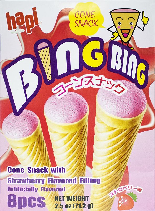 Photo 1 of (X2) Hapi Bing Bing Cone Snack with Strawberry Flavored Filling, 2.51 Ounce
EX: 01/03/2023