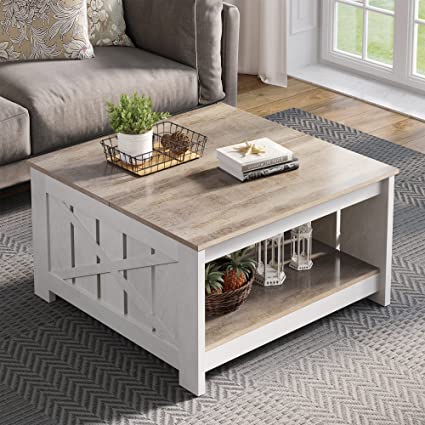 Photo 1 of YITAHOME Coffee Table with Storage, Square Wood Modern Rustic Coffe Table for Living Room, Farmhouse Grey Wash Coffee Table, Coffee Table for Living Room with Half Open Storage Compartment
