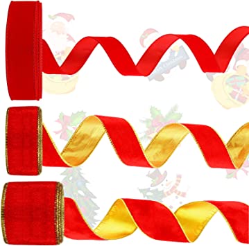 Photo 1 of 20 Yard Red Velvet Wired Ribbon for Valentine's Day Wide Gold Edge Red Velvet Christmas Ribbon Wired for Gift Wrapping DIY Crafts Wedding Bridal Party Decorations, 2.5 Inch, 1.5 Inch, 1 Inch
