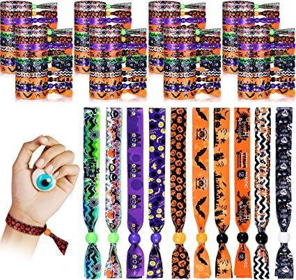 Photo 1 of 100 Pieces Halloween Bracelets Wristbands Ribbons Halloween Toys for Kids Girls Boys,10 Different Design Bracelets Bulk for Halloween Treat Bags Gifts Party Favors and Supplies