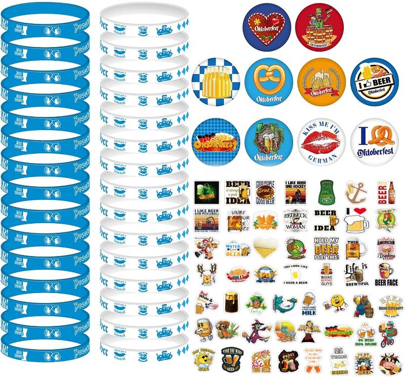 Photo 1 of 140 Pieces Oktoberfest Decorations Set, Include 10 Oktoberfest Buttons Pins Bavarian Style Badges,100pcs Beer Festival Stickers and 30 Rubber Bracelets, 140.0 Count