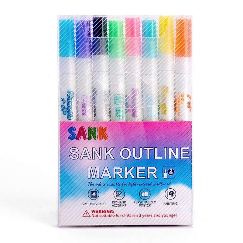 Photo 1 of Sank Marker Pen for Highlight-Double Line Markers-Self-Outline Metallic Pens Highlight Markers Gift Cards Drawing Writing Pens-8 Color (2 pack)