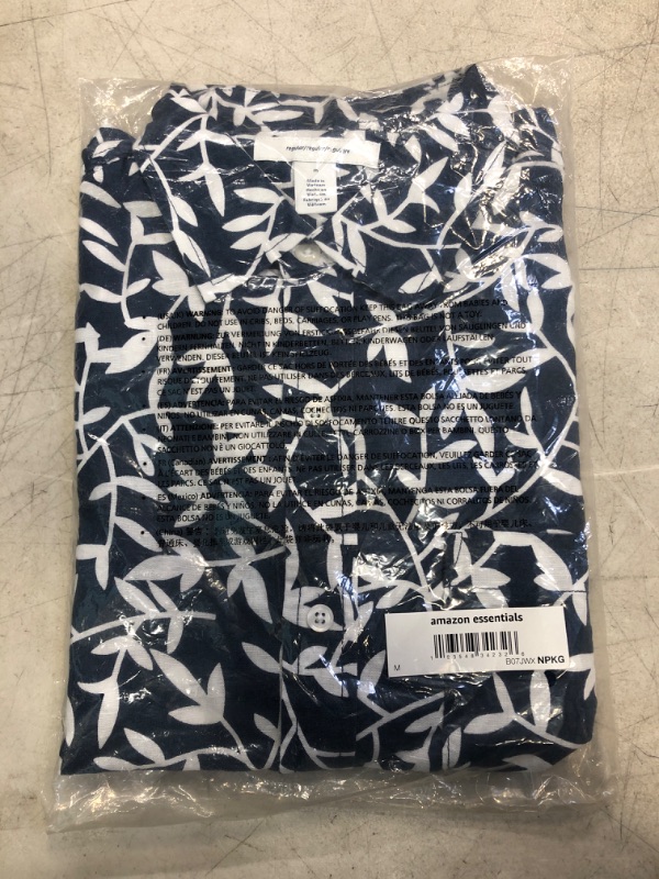 Photo 2 of Amazon Essentials Men's Regular-Fit Long-Sleeve Linen Cotton Shirt Medium Navy, Leaf Print ** FACTORY SEALED 