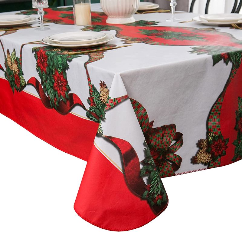 Photo 1 of  Christmas Ribbons Vinyl Tablecloth with Flannel Backing for Christmas, Winter, Party,and Holiday (Xmas Ribbon, 60 x 102 Inch (8-10 Seats))