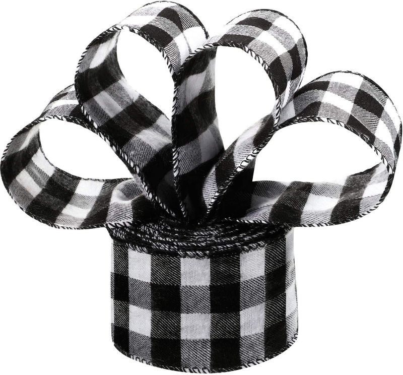Photo 1 of 2 COUNT 6.3 cm Christmas Plaid Burlap Ribbon Gingham Wrapping Ribbon with Spool for Christmas Decoration Gift Wrapping Party Decoration (Black and White, 10 Meter Long)