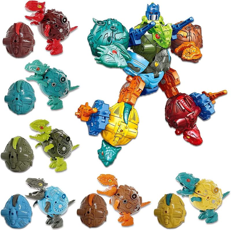 Photo 1 of 6 Pack Dinosaur Eggs Transformer Toy, Dino Eggs Convert into Dinosaurs Action Figures, All Dinosaurs Can Combine as One Big Armor Dino Warrior, Collectible Deformation Dinobots for Boys Girls
