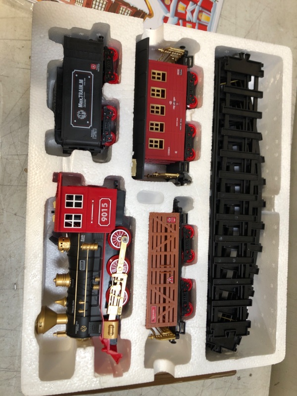 Photo 4 of Hot Bee Train Set - Train Toys for Boys Girls w/ Smokes, Lights & Sound, Railway Kits, Toy Train w/ Steam Locomotive Engine, Cargo Cars & Tracks, Christmas Gifts for 3 4 5 6 7 8+ Year Old Kids Red ** MISSING PCS UNKNOWN ** 