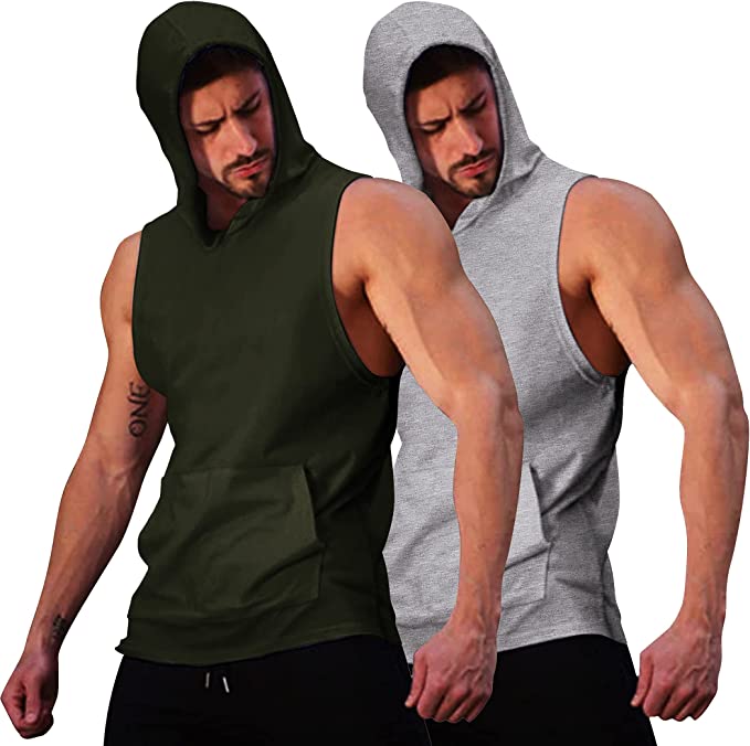 Photo 1 of COOFANDY Men's 2 Pack Workout Hooded Tank Tops Bodybuilding Muscle Cut Off T Shirt Sleeveless Gym Hoodies  SIZE L  -- CAMO BLACK AND WHITE --
