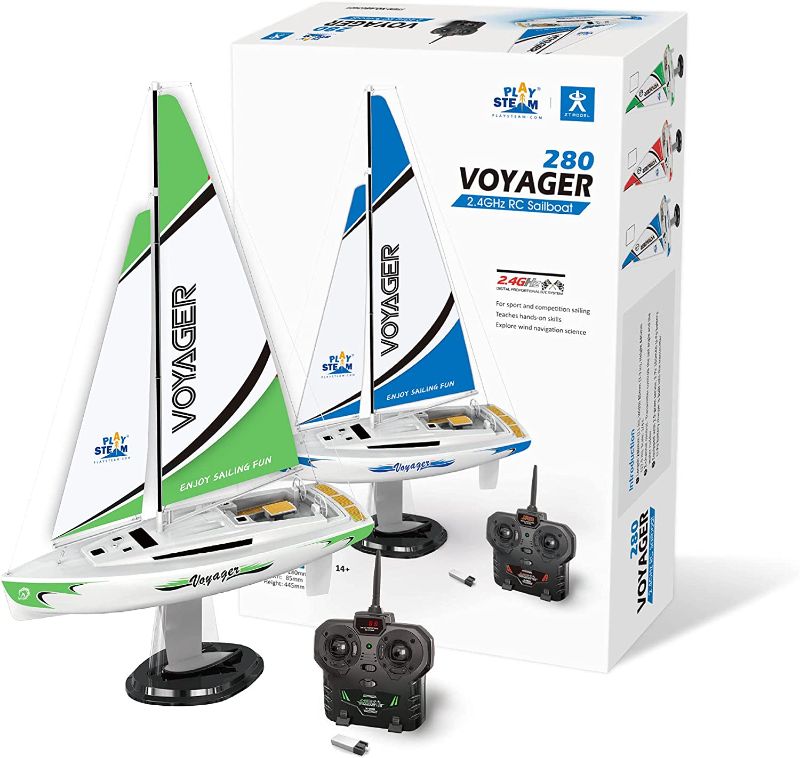 Photo 1 of PLAYSTEAM Voyager 280 RC Controlled Wind Powered Sailboat in Green - 17.5" Tall
