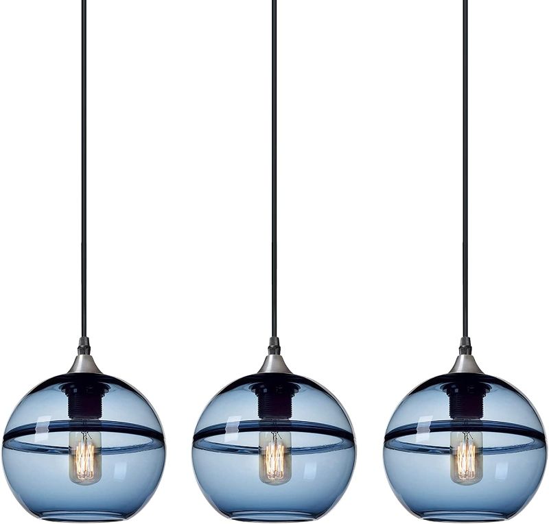 Photo 1 of 
CASAMOTION Pendant Lighting Hand Blown Glass Modern Blue Light Fixture for Kitchen Island Dining Room Table Brushed Nickel Globe 7.4 inch Diam 3-Pack