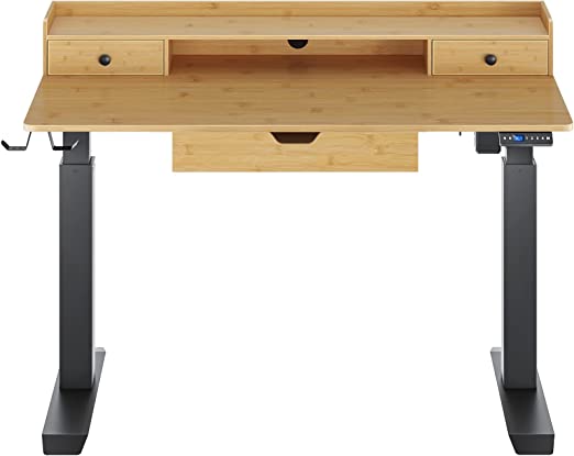 Photo 1 of Rolanstar Height Adjustable Desk, 47" Standing Desk with Drawers and Monitor Shelf, Electric Standing Table with Double Headphone Hooks?Bamboo Color?
