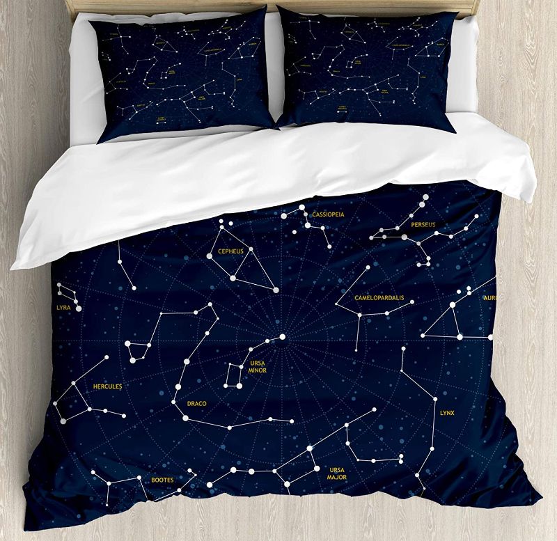 Photo 1 of Ambesonne Constellation Duvet Cover Set, Sky Map Andromeda Lacerta Cygnus Lyra Hercules Draco Bootes Lynx, Decorative 3 Piece Bedding Set with 2 Pillow Shams, Unknown Size, Dark Blue Yellow White -- Unknown Size 