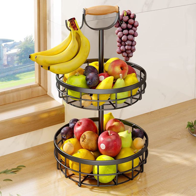 Photo 1 of 2-Tier Fruit Basket Bowl Vegetable Storage with Dual Banana Tree Hanger and Wood Lift Handle, Kitchen Countertop Metal Wire Basket for Bread Onions Potatoes (Black, 2 Tier)
Visit the SAYZH Store