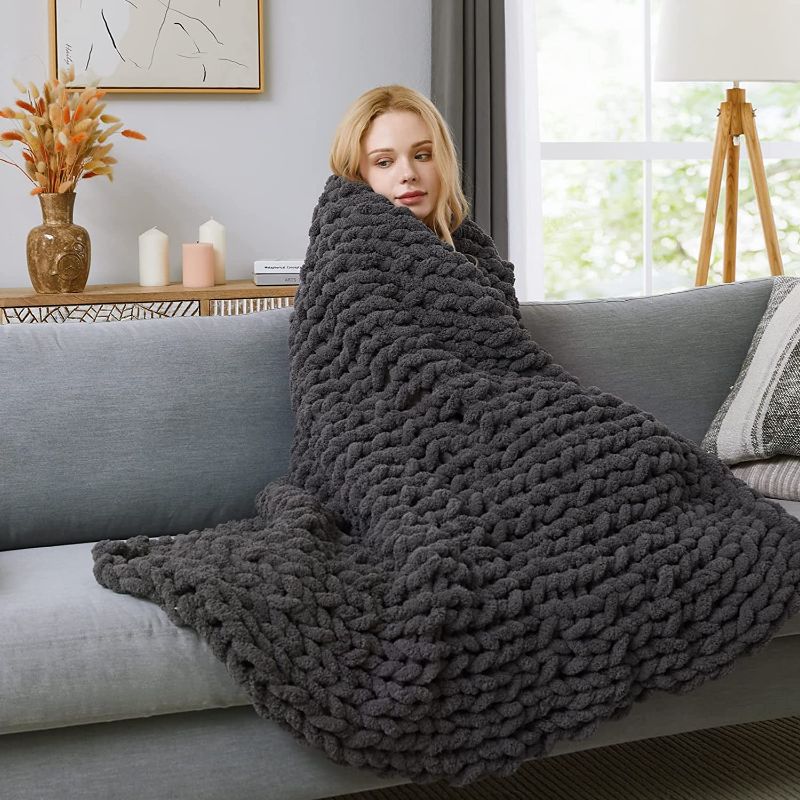 Photo 1 of 
WRENSONGE Chunky Knit Blanket, Dark Grey Soft 100% Hand Made Knit Chenille Throw Blanket for Couch, Bed, Sofa, Chair, Warm Cozy Machine Washable Thick Cable...