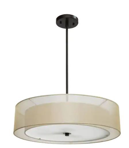 Photo 1 of 3-Light Antique Bronze Double Drum Pendant with Outer Organza Shade
