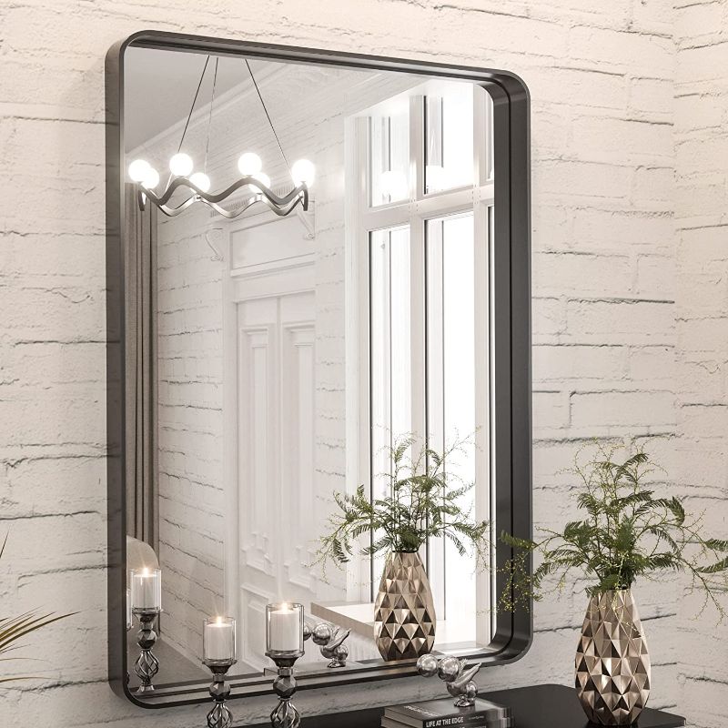 Photo 1 of 24 x 36 Inch Black Bathroom Mirror for Wall Rectangle Mirror with Non-Rusting Aluminum Alloy Metal Frame Soft Rounded Corner for Horizontal Or Vertical