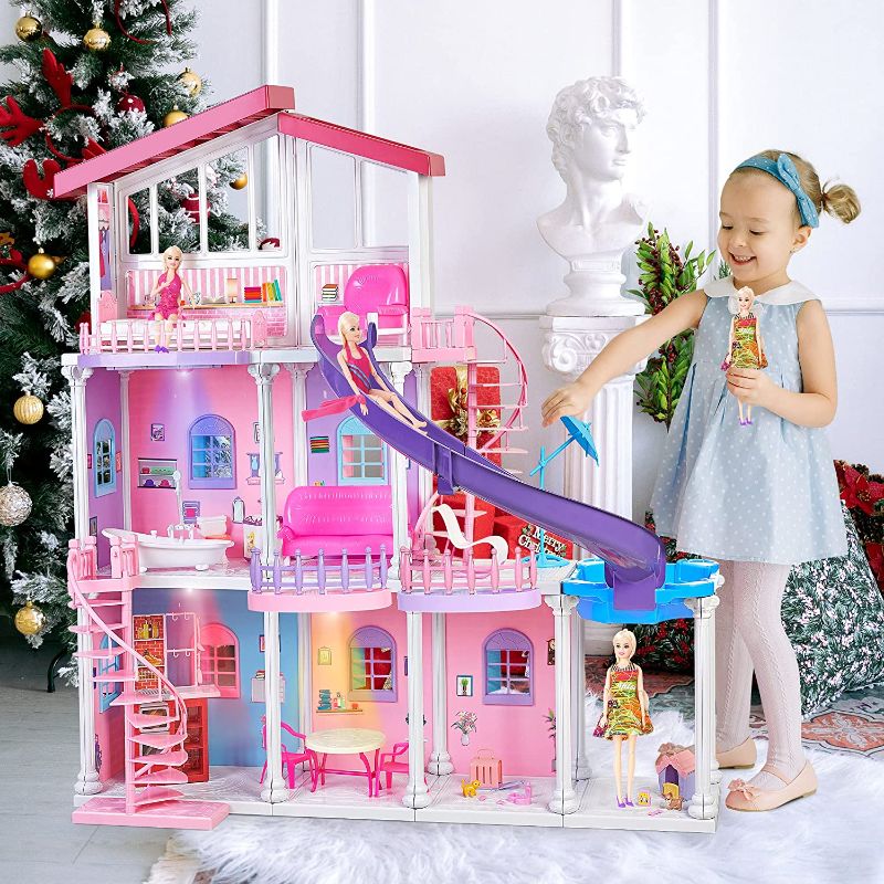 Photo 1 of All Plastic Assembled 3.9-FT Large Doll House Dreamhouse, 3-Story Dollhouse Playhouse w/ 3 Dolls, Pool, Slide and Furniture, 2022 Birthday Santa Gifts for 3 to 12 Year Olds Girls Kids
