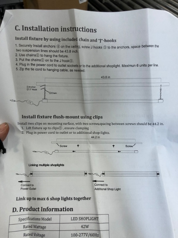 Photo 1 of 4 Pack 4FT Linkable LED Shop Light, Utility Shop Light Fixture, 4400lm, 42W [250W Equivalent], 5000K Daylight White Shop Lights for Garage,Hanging or Surface Mount, W/ Power Cord, ETL White 4FT