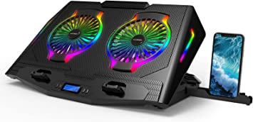 Photo 1 of KYOLLY RGB Laptop Cooling Pad Wing Cooler,Laptop Cooling Stand with Compatible 14-21" Laptop,2 Fans Strong Wind 5 Stand Height Adjustable,LCD Screen,Rainbow Lights,Two USB Ports and One Phone Stand…
