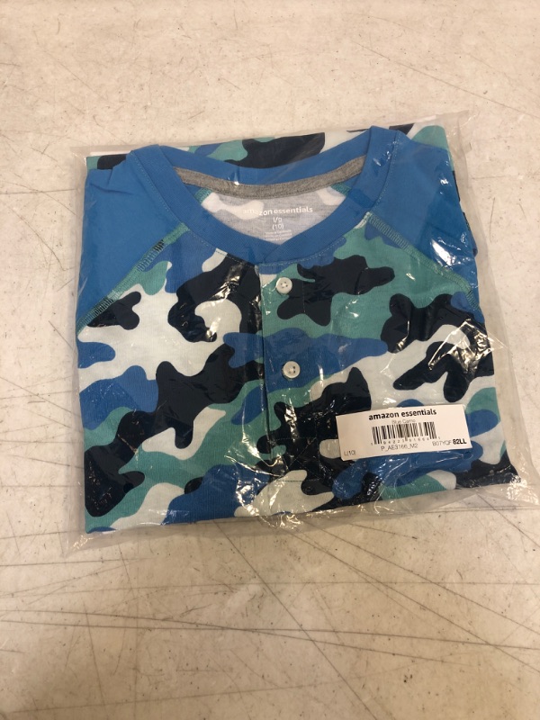 Photo 2 of Amazon Essentials Boys' Short-Sleeve Henley T-Shirts, Pack of 2 Large Blue, Camo LARGE (10) ** FACTORY SEALED 