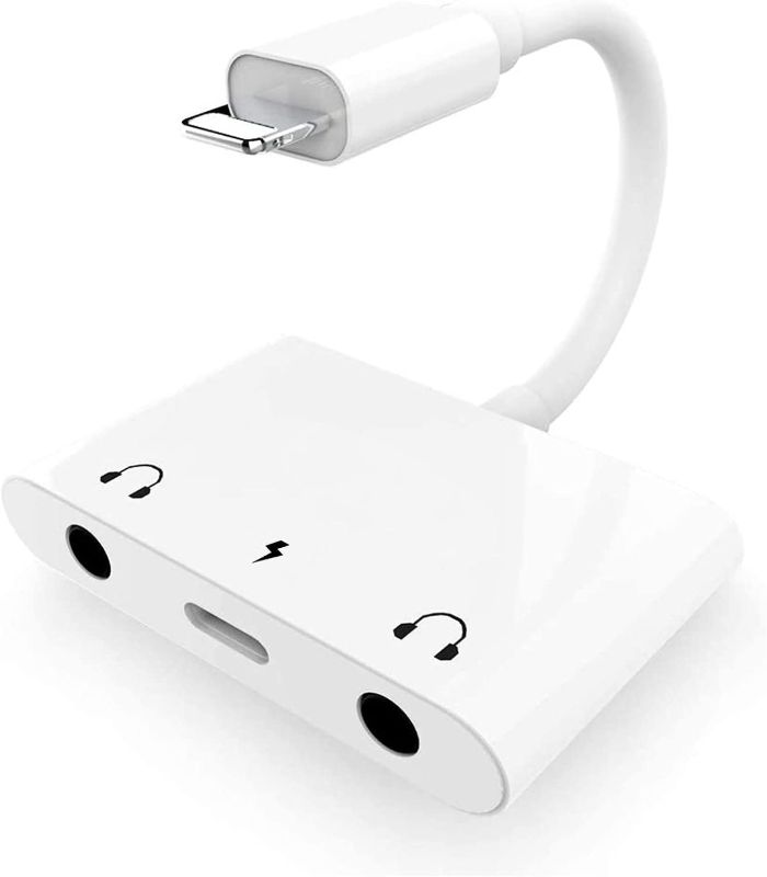 Photo 1 of  3 in 1 Dual 3.5mm Headphone Jack Adapter - Earphone Jack Audio and Charging Adapter - Headphone Splitter for Phone 14/ 13/ 12/ 11/ X/ 8/ 8plus/ 7/ 7plus/ iPad -Support iOS 15- White
