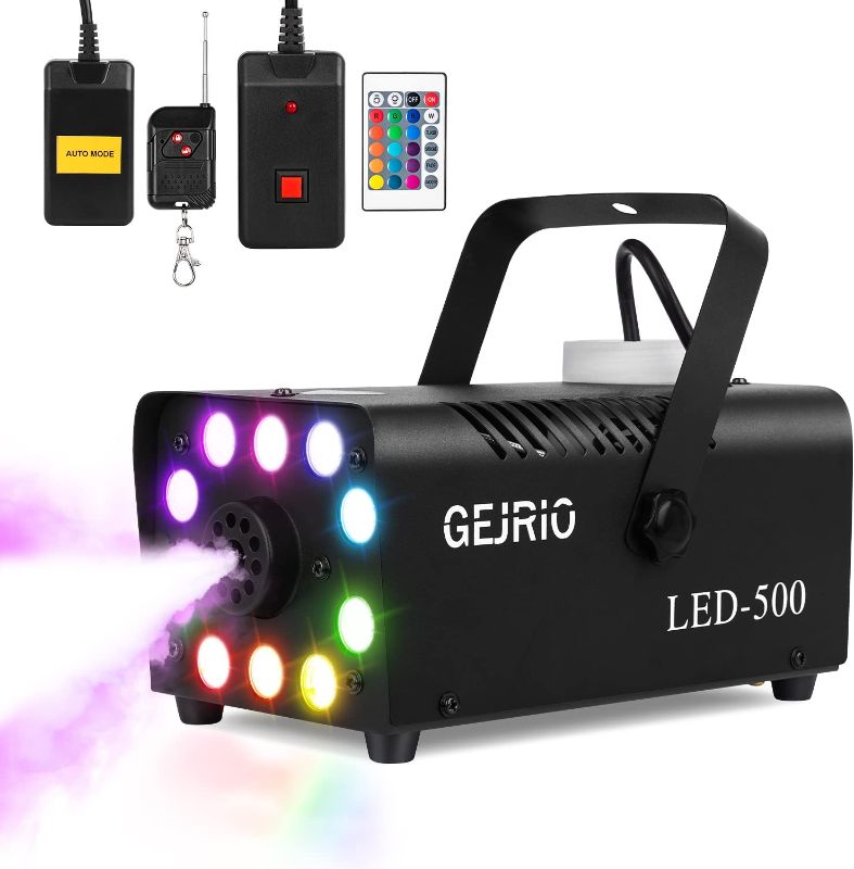 Photo 1 of GEJRIO Fog Machine, 500W Smoke Machine with 16 Color Controllable Lights Effect, Automatic Fog Machine Outdoor with Wireless and Wired Remote Control for Christmas Halloween Parties & Stage ** MISSING PCS UNKNOWN // UNABLE TO TEST
