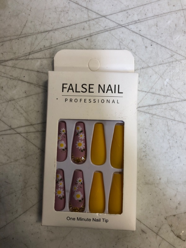 Photo 2 of 24Pcs Press on Nails Long - Fake Nails Acrylic Yellow Daisy Design Full Cover French Tip Press on Nails With Glue for Women and Girls (1964 yellow)