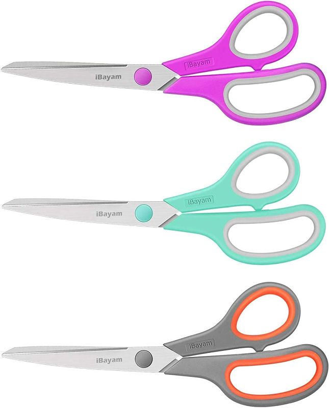 Photo 1 of Scissors, iBayam 8" Multipurpose Scissors Bulk 3-Pack, Ultra Sharp Blade Shears, Comfort-Grip Handles, Sturdy Sharp Scissors for Office Home School Sewing Fabric Craft Supplies, Right/Left Hand
