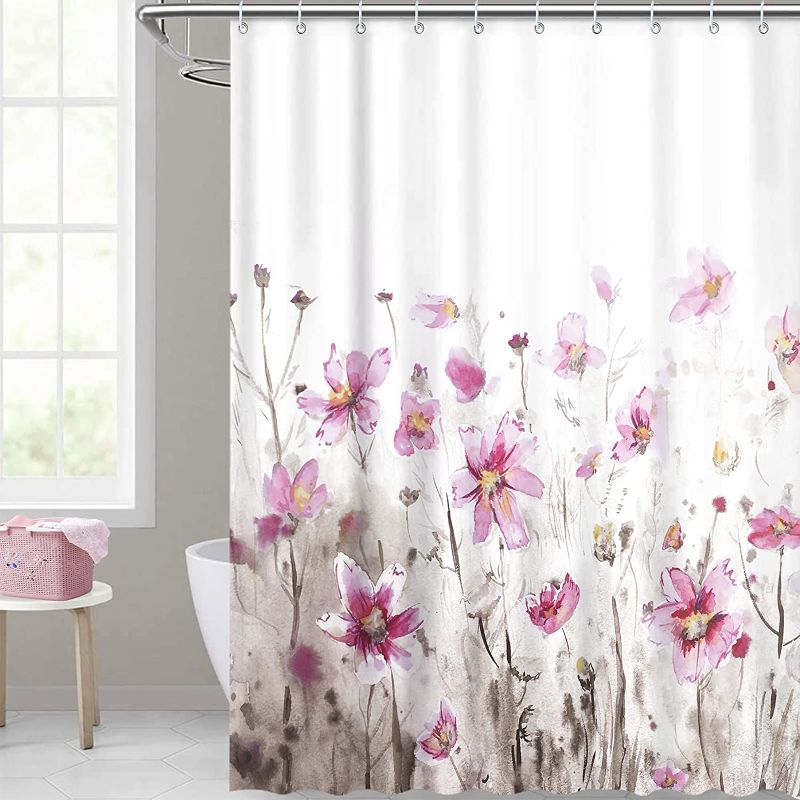 Photo 1 of  Pink Floral Shower Curtain 72*84 inch, Waterproof Fabric Watercolor Pink and Grey Plant Leaves Bathroom Shower Curtains Set with 12 Plastic Hooks, Weighted Hem, Durable, Washable
